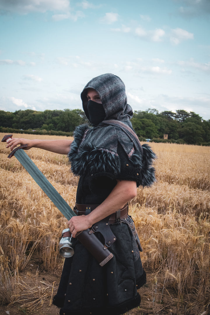 Barbarian Fighter Armour - 2 Piece Set (Black Faux Leather Tunic & Mohair Wrap Around Hood)