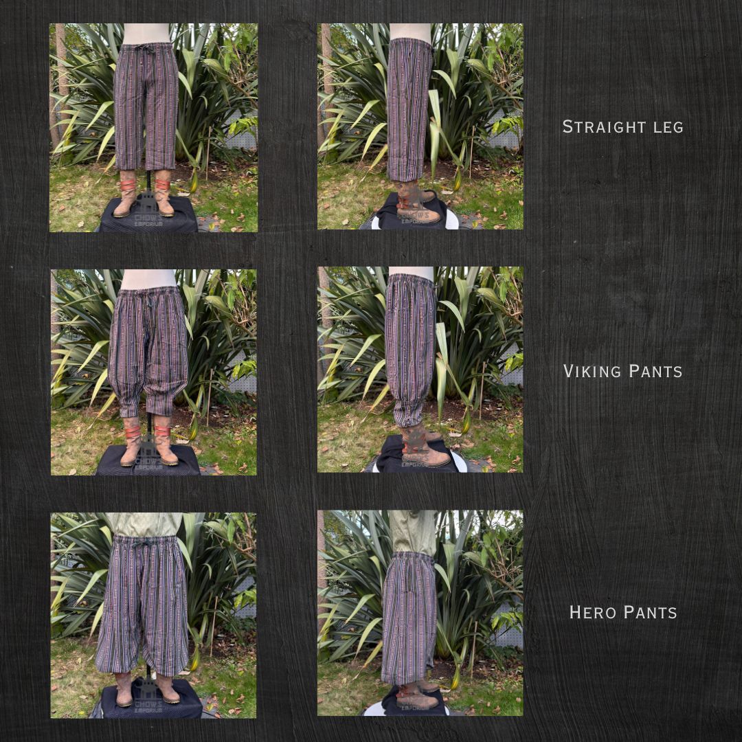 Striped medieval LARP trousers in three different styles, front and side views.