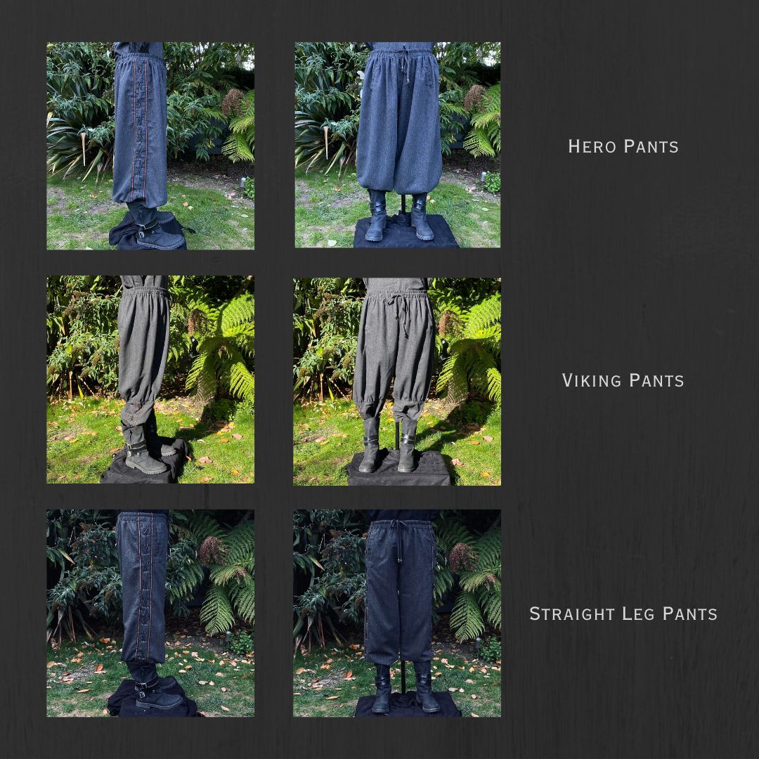 Side view of Hero pants; blue stitch detail, medieval LARP setting.