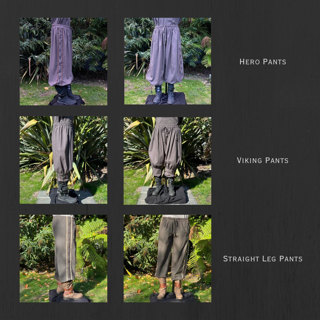 Viking-style LARP trousers with gathered cuffs on.