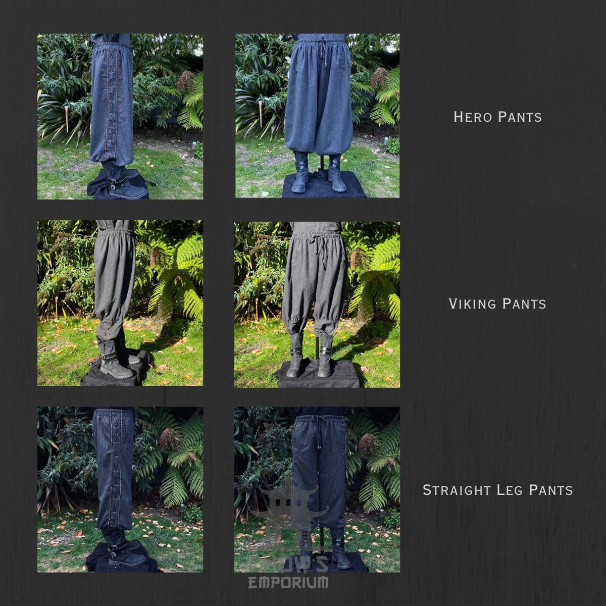 Side view of grey Viking pants, gathered cuffs, LARP medieval attire.