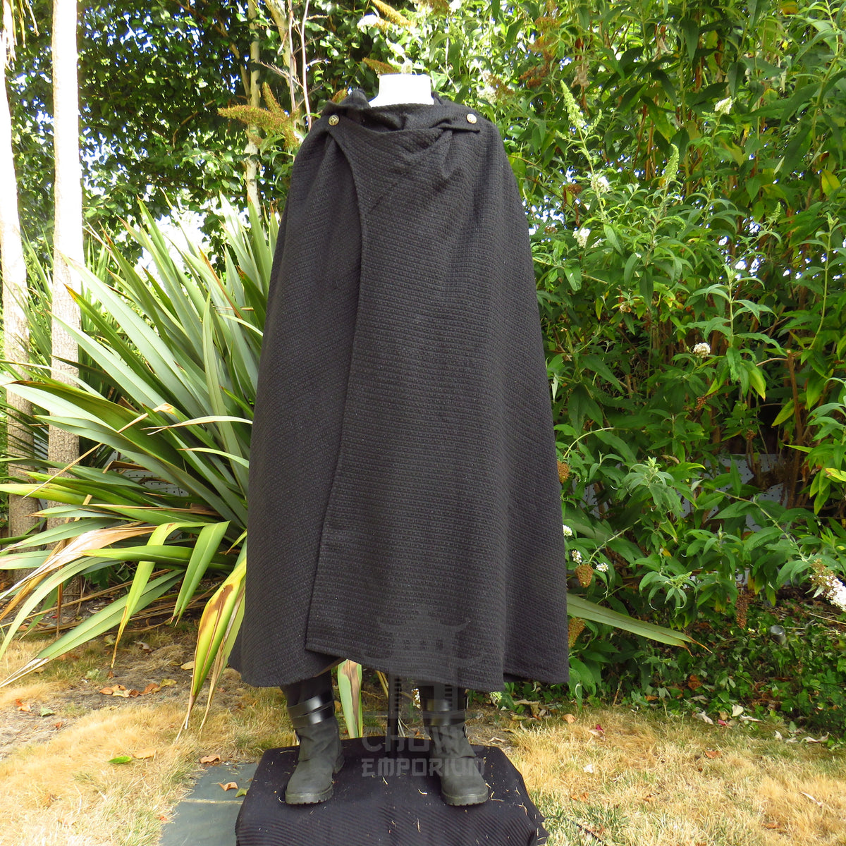Black Textured Wool Hooded Cloak and Robe