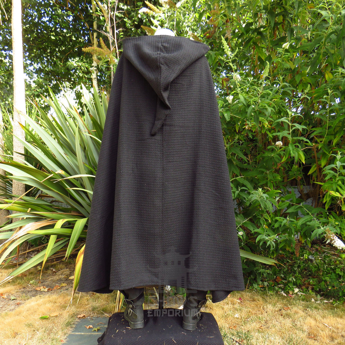 Black Textured Wool Hooded Cloak and Robe