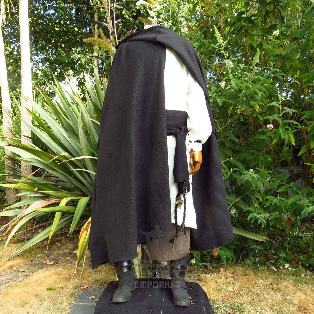 Black Textured Wool Hooded Cloak and Robe