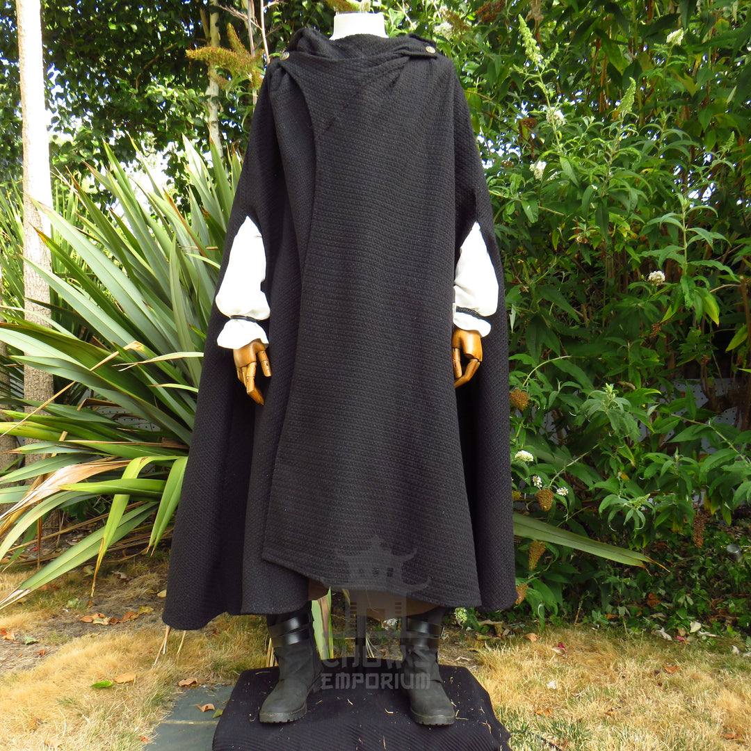 Black Textured Wool Hooded Cloak and Robe