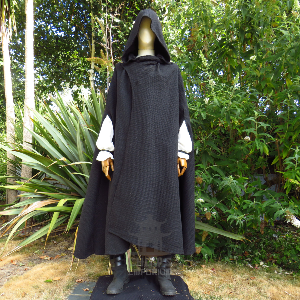 Black Textured Wool Hooded Cloak and Robe