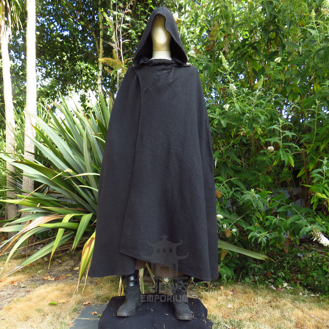 Black Textured Wool Hooded Cloak and Robe