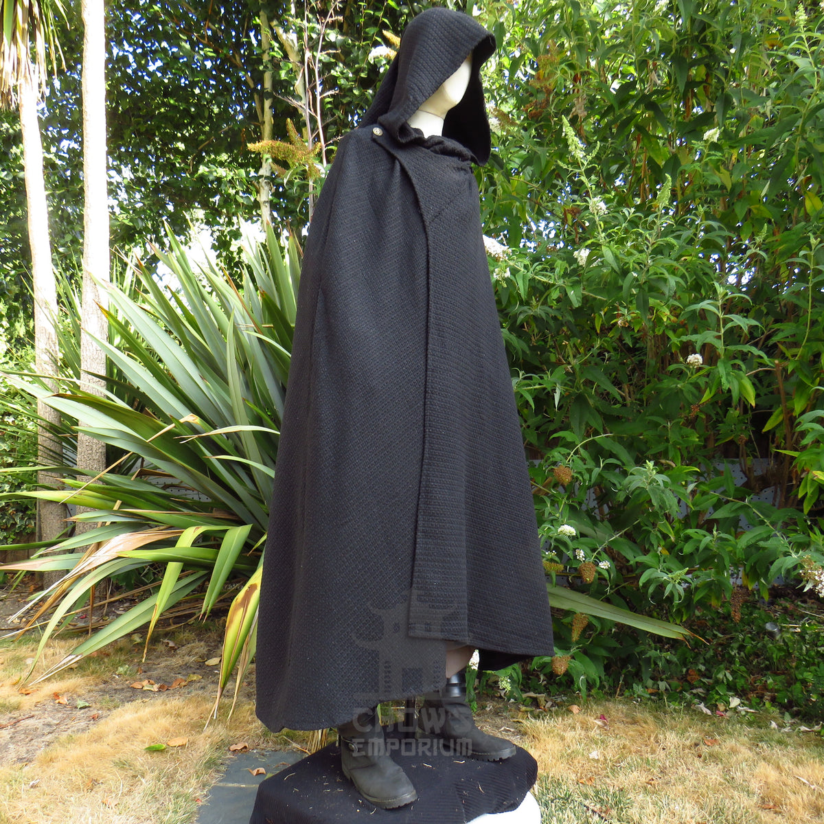 Black Textured Wool Hooded Cloak and Robe