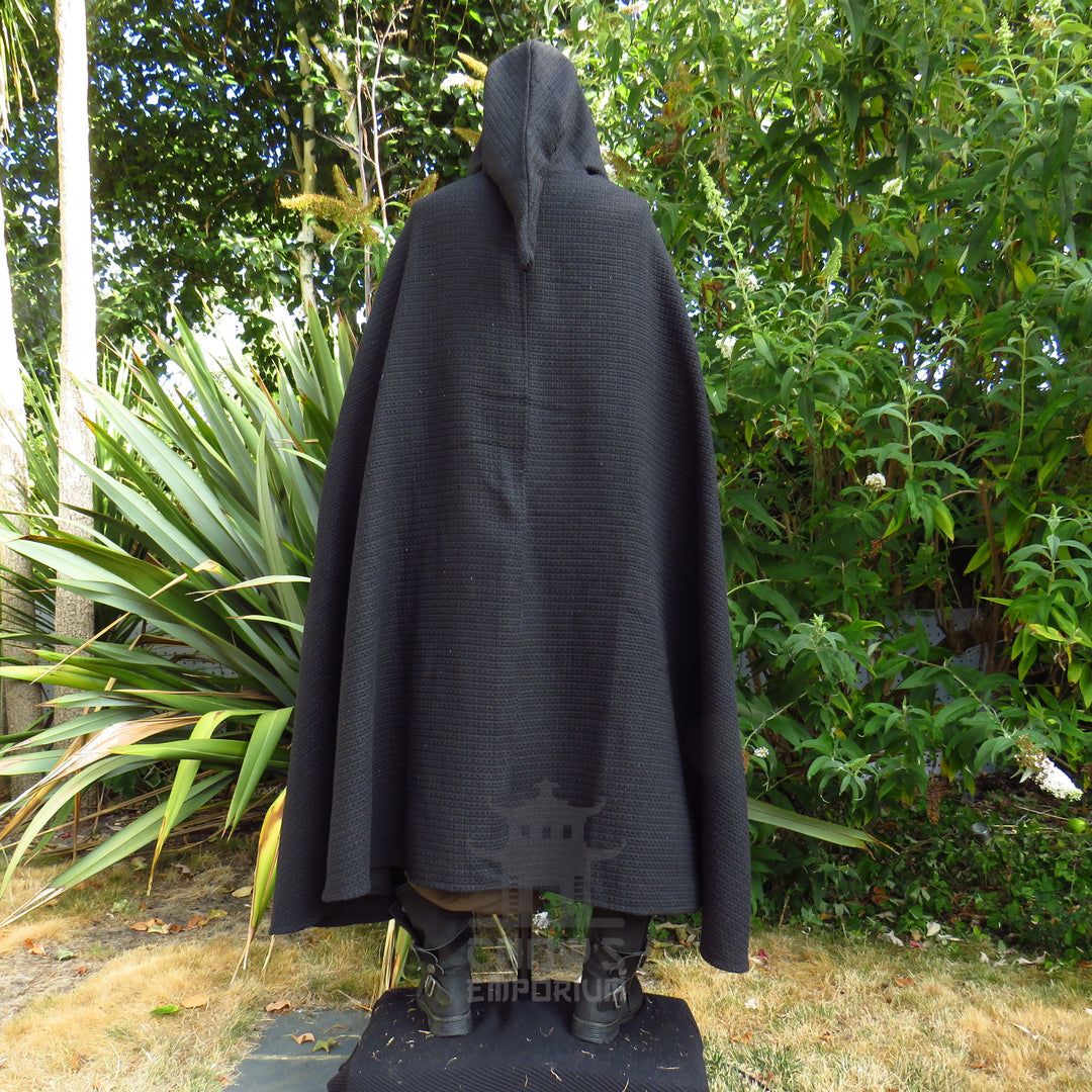 Black Textured Wool Hooded Cloak and Robe