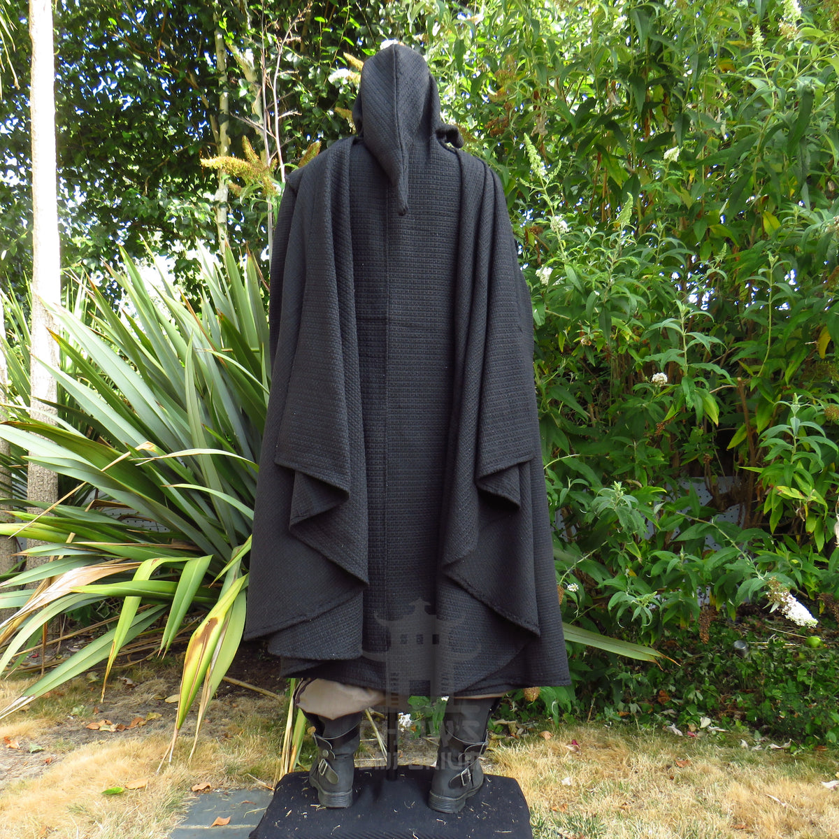 Black Textured Wool Hooded Cloak and Robe