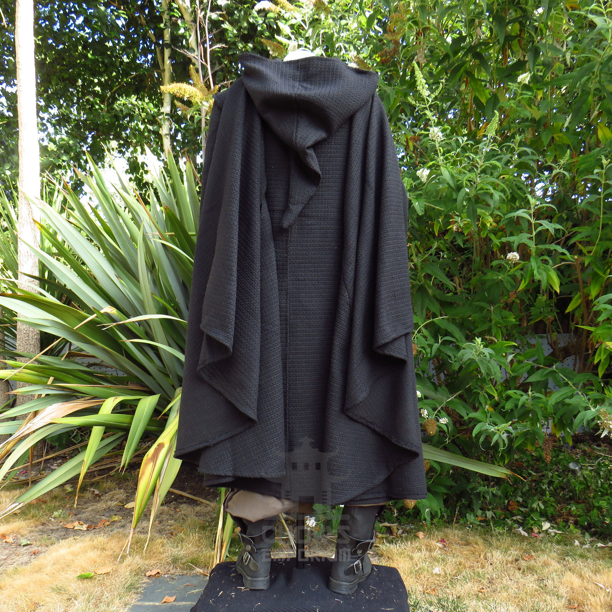 Black Textured Wool Hooded Cloak and Robe