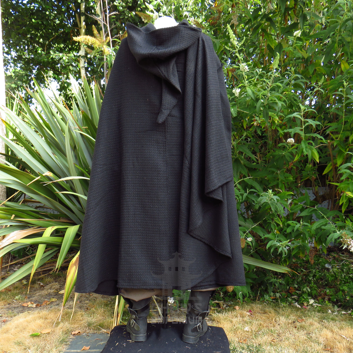 Black Textured Wool Hooded Cloak and Robe
