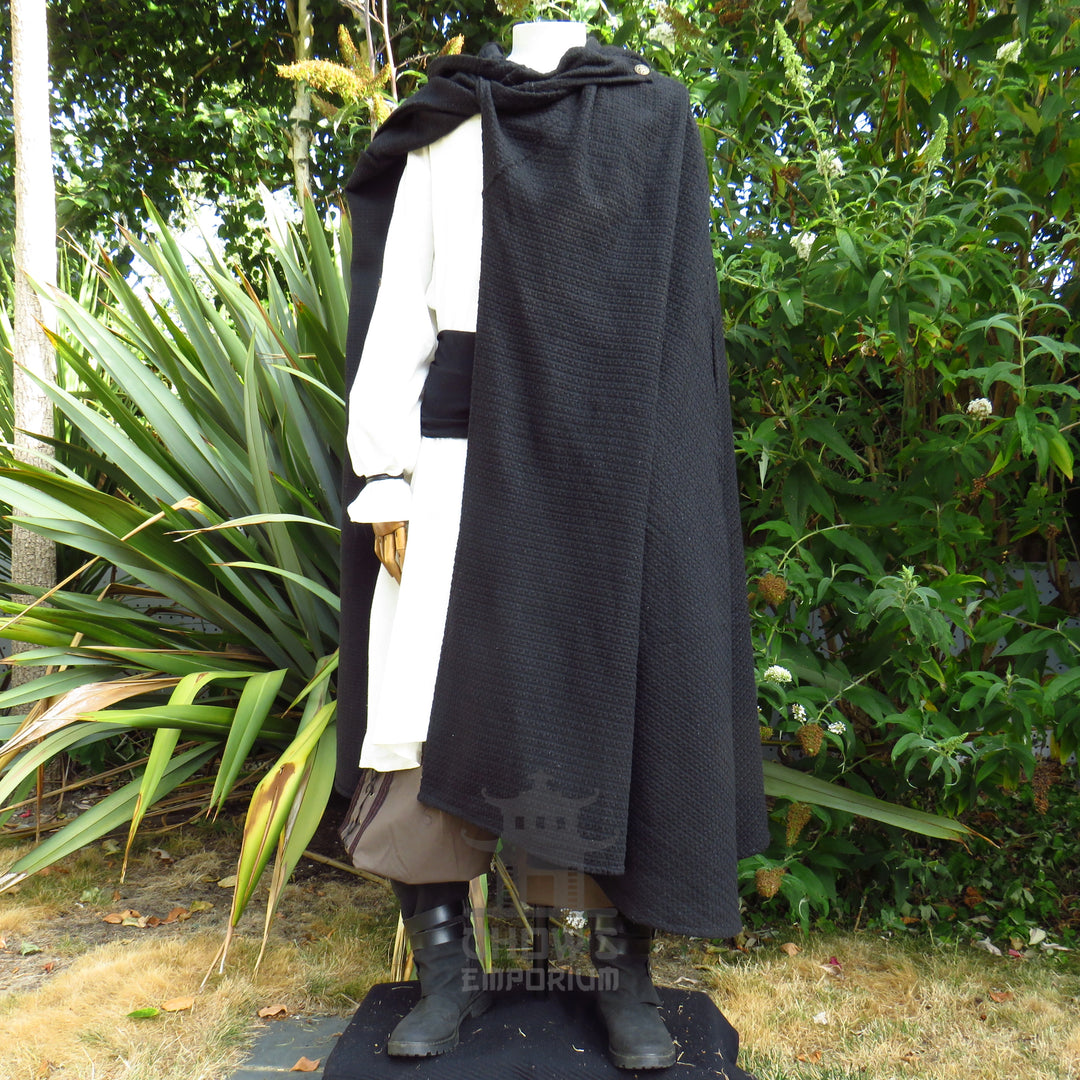 Black Textured Wool Hooded Cloak and Robe