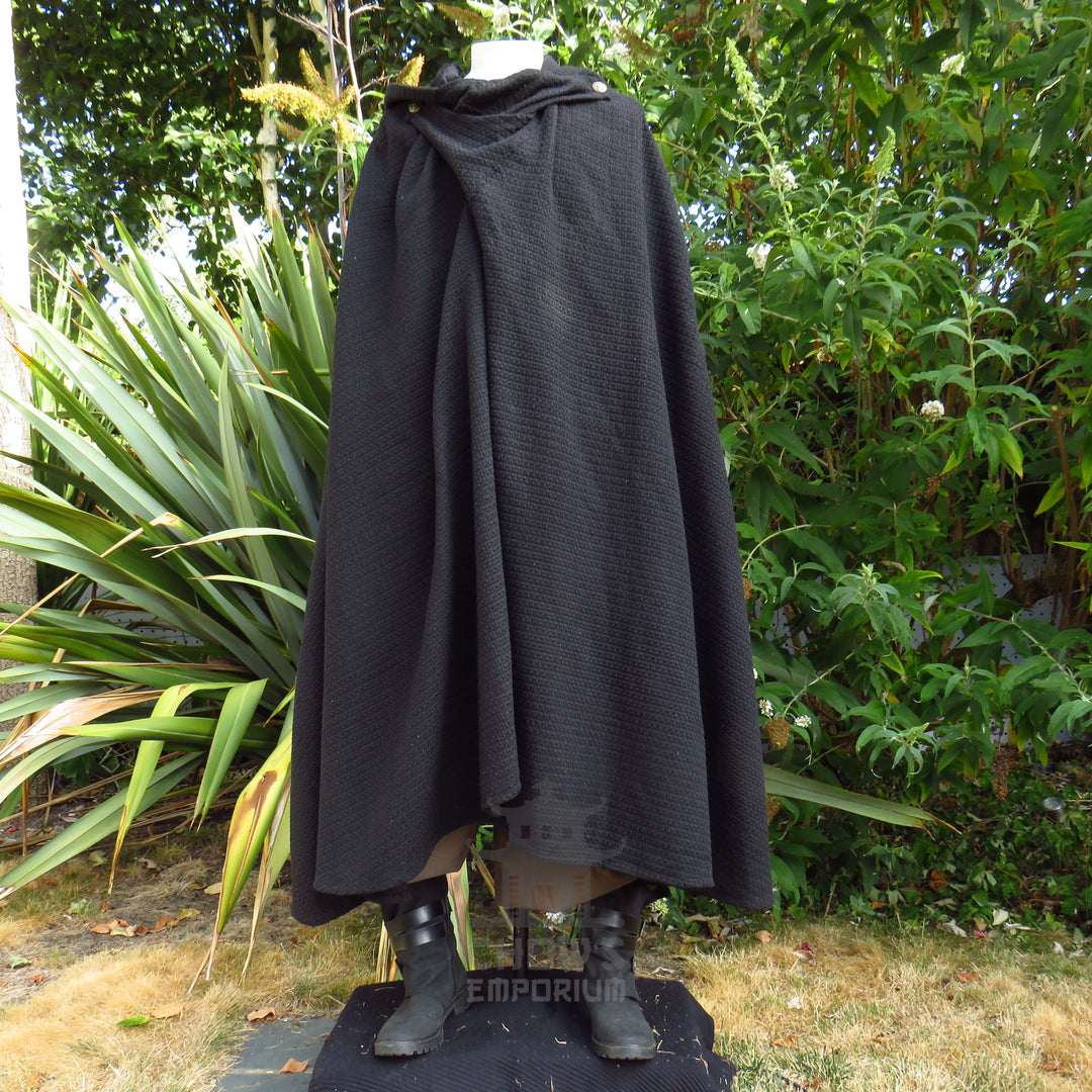 Black Textured Wool Hooded Cloak and Robe