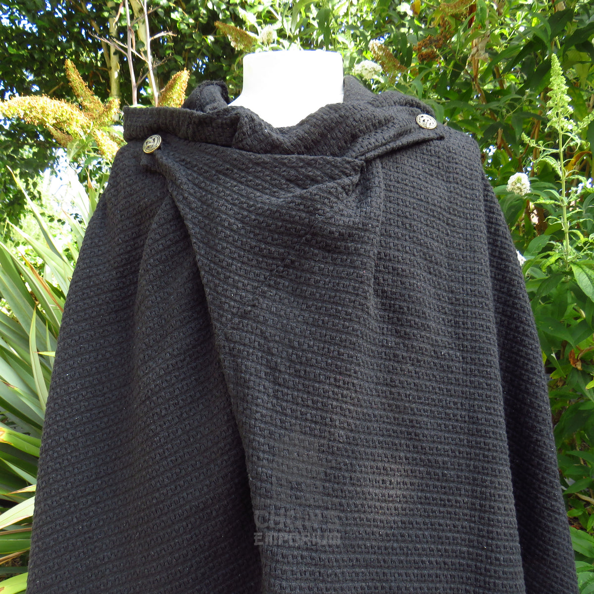 Black Textured Wool Hooded Cloak and Robe