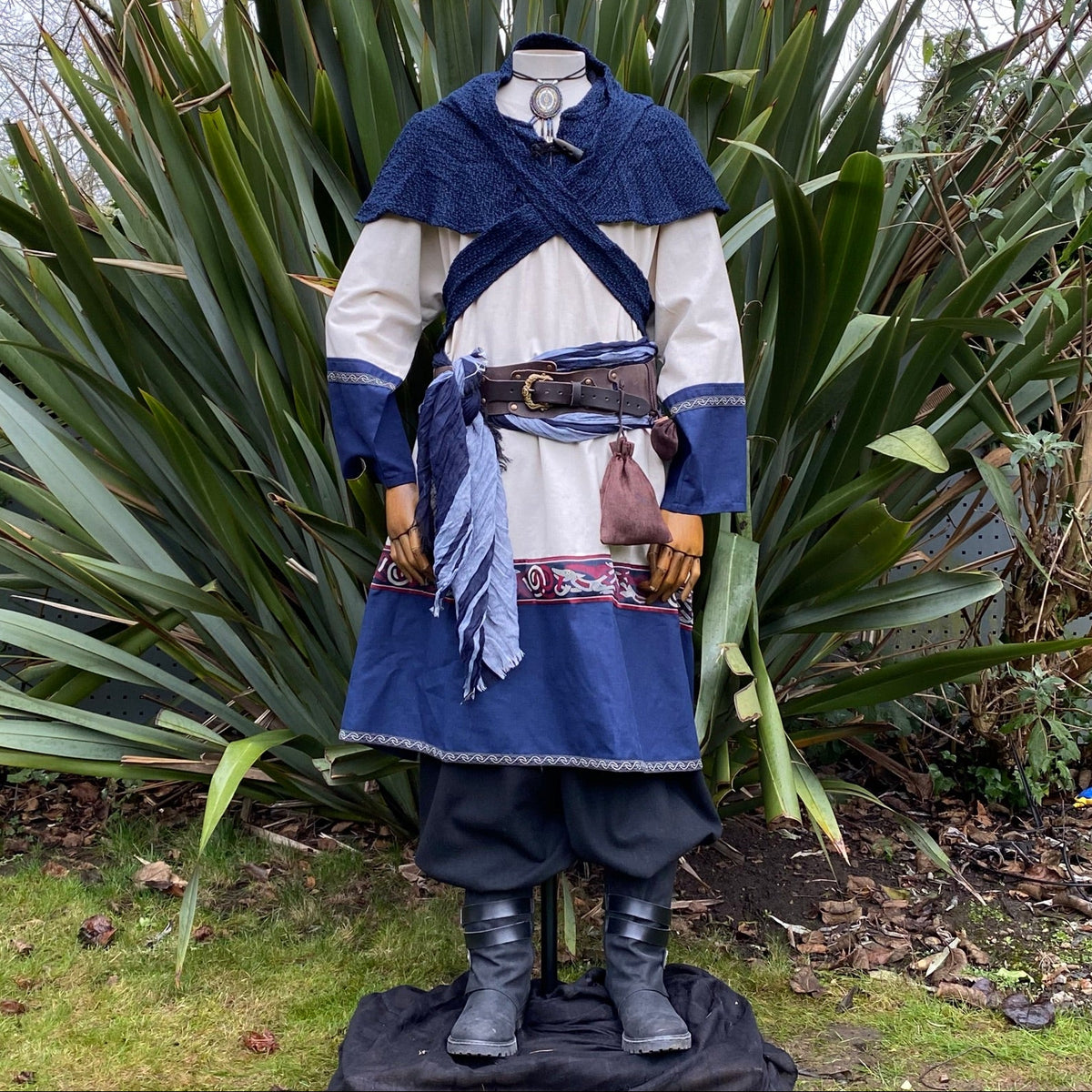 Ocean Druid LARP set with blue jacket, tunic, trousers, and accessories.