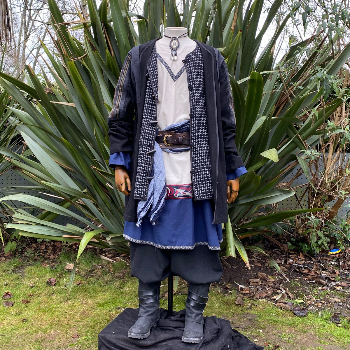 Medieval LARP black-grey jacket front with ornate panel details.