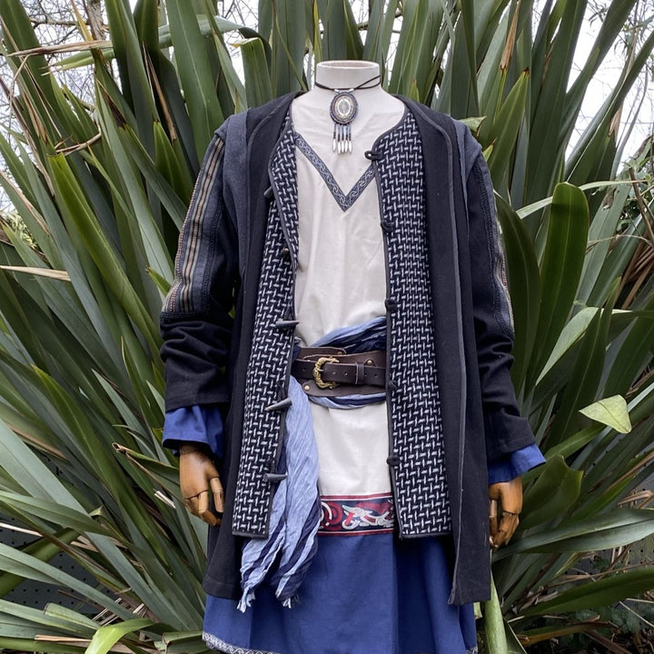Ocean Druid LARP Outfit - 2 Pieces; Ornate wool Tunic,  Black & grey, Wraparound Scarf Hood - Chows Emporium Ltd