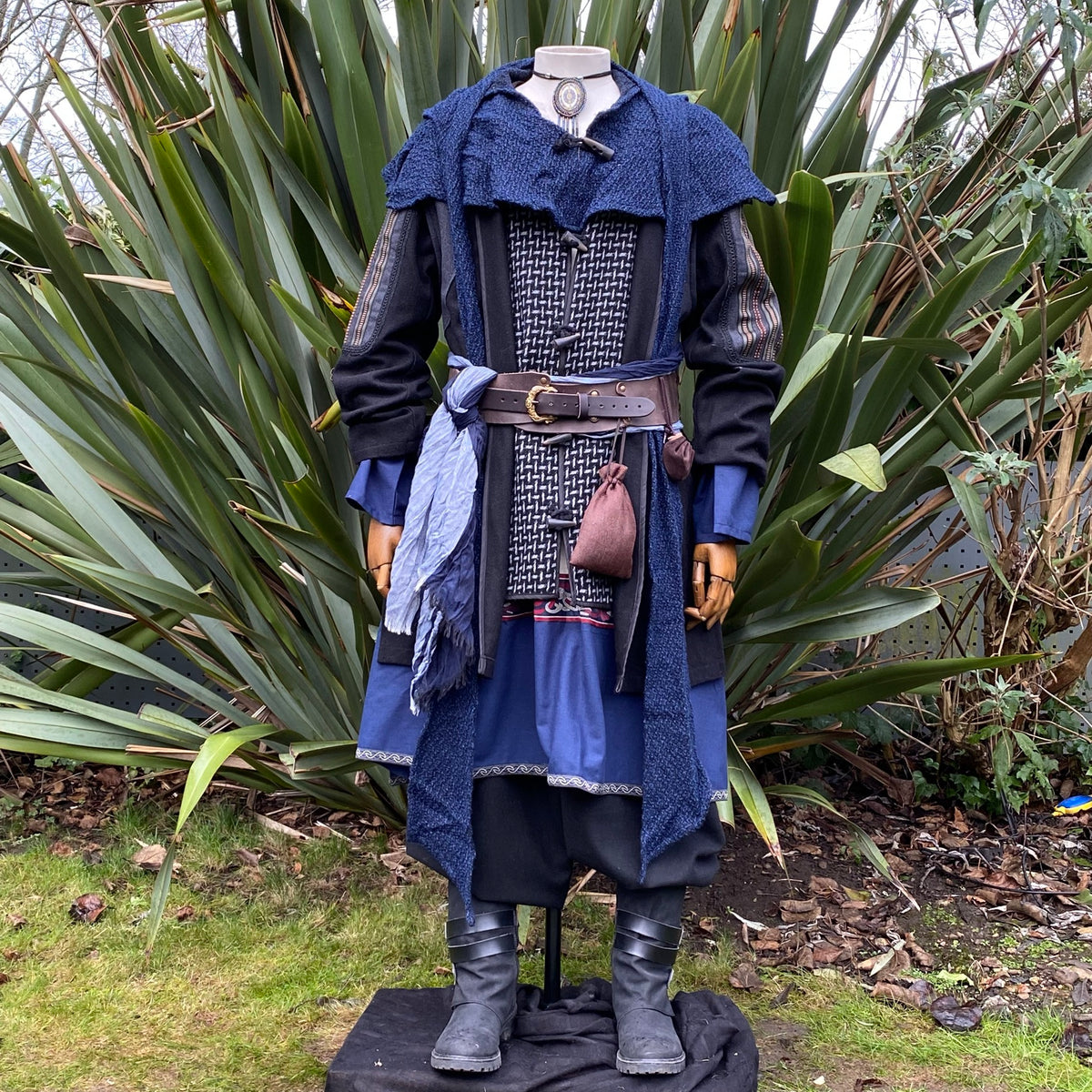 Medieval LARP jacket front view with blue scarf and leather belt detail.