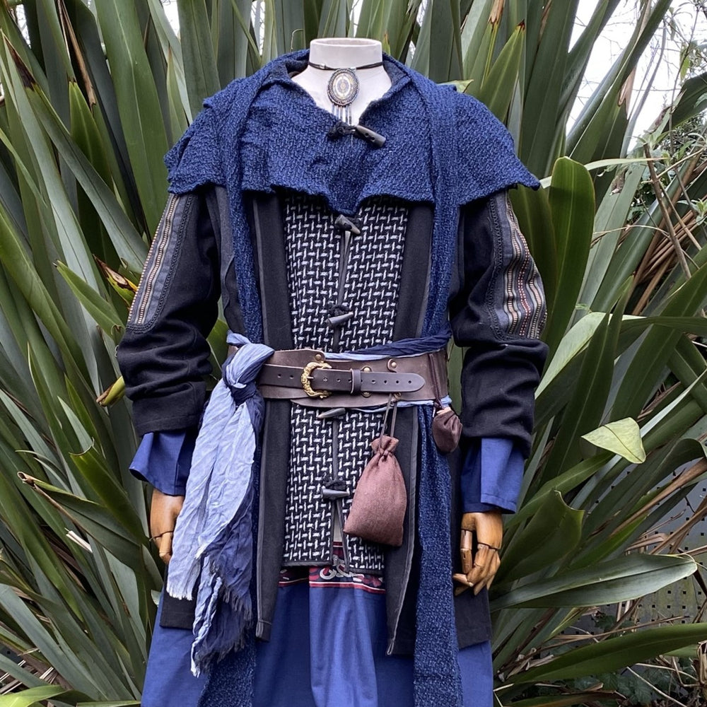 Black and grey LARP jacket styled for mage, cleric, or fantasy character outfit