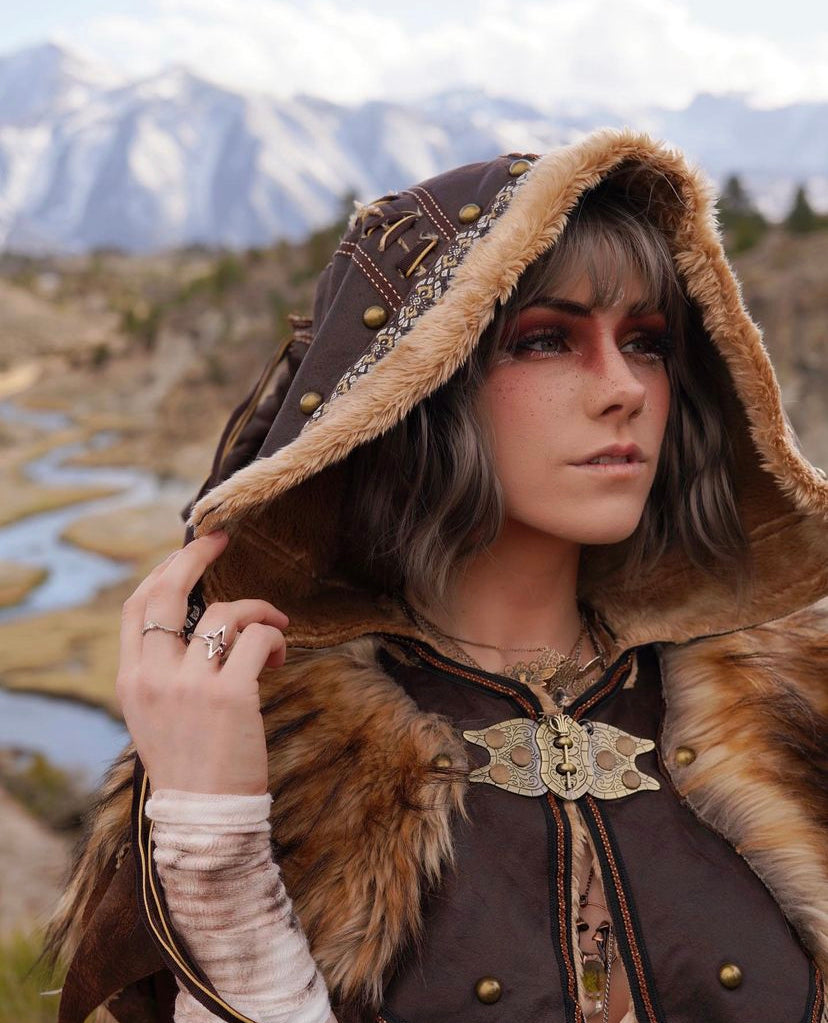 Brown ornate faux leather hood with fur trim for LARP.