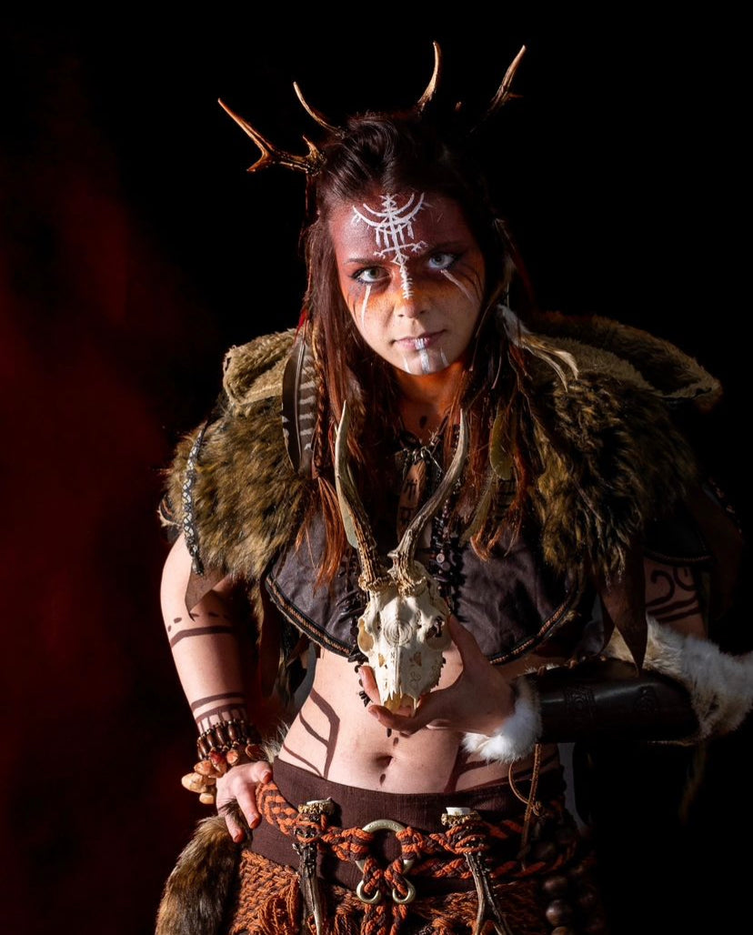 Brown ornate faux leather hood, front view, ideal for medieval LARP events.