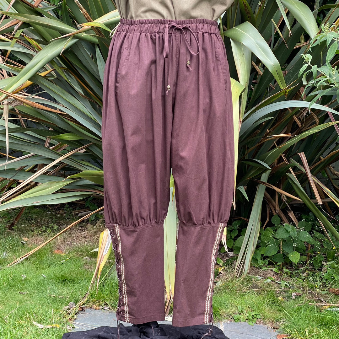 Medieval Viking Pants - Brown Cotton Trousers with Braiding
