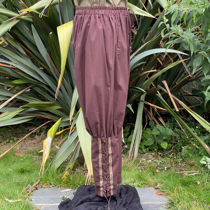 Medieval Viking Pants - Brown Cotton Trousers with Braiding - Chows Emporium Ltd