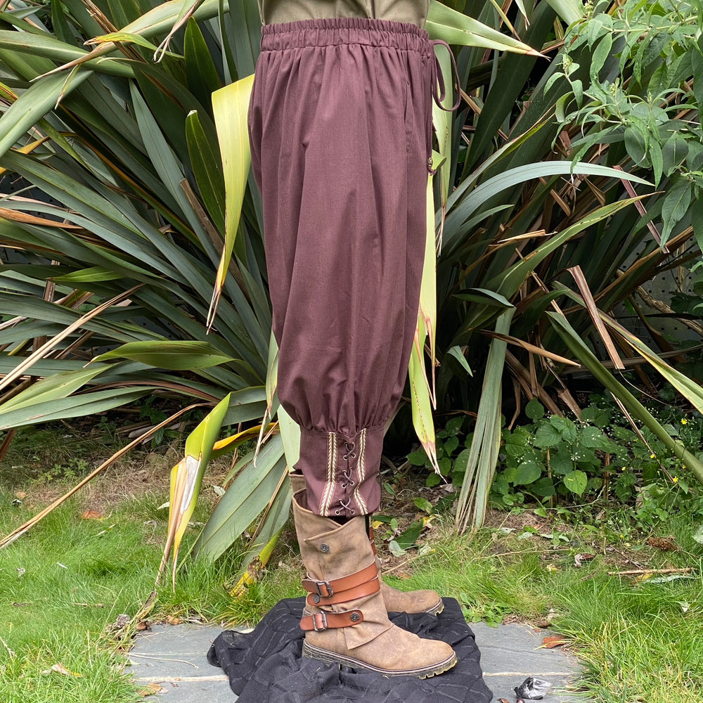 Medieval Viking Pants - Brown Cotton Trousers with Braiding - Chows Emporium Ltd