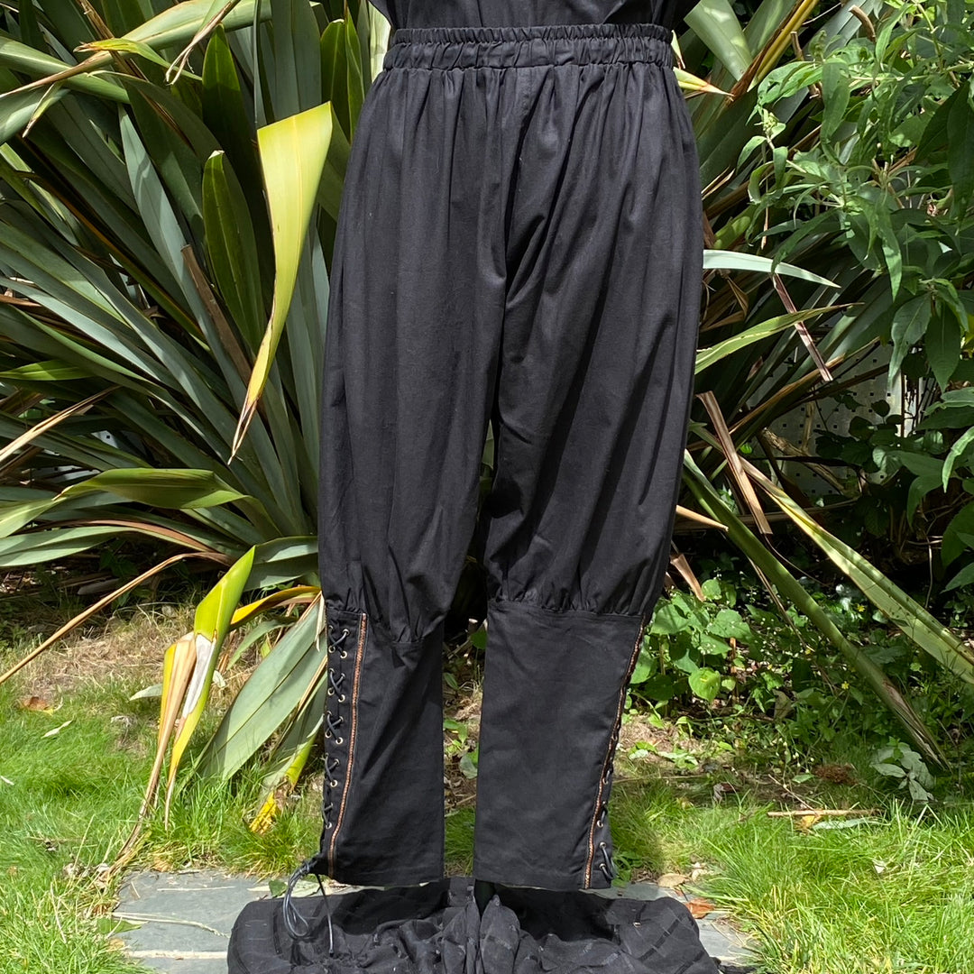 Medieval Viking Pants - Black Cotton Trousers with Braiding - Chows Emporium Ltd