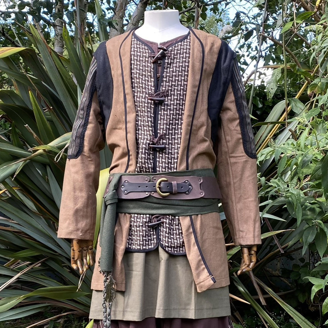 Druid of Middle Earth LARP Outfit - 4 pieces, Ornate Brown Layered Jacket, Shirt, Pants, Necklace - Chows Emporium Ltd