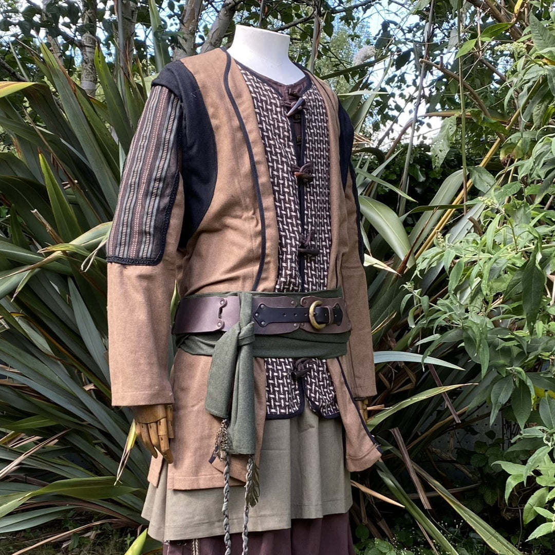Medieval LARP Jacket with Ornate Panels and Braiding - Brown Wool - Chows Emporium Ltd