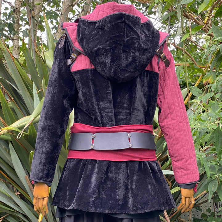 Rogue Warrior LARP Outfit - 2 Pieces; Black and Red, Suede Effect Gambeson Jacket & Hood - Chows Emporium Ltd