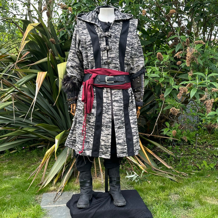 The Grey and Black Patterned LARP Robe is Mid Length, down to your knees. It has Long flowing Sleeves that cover your arms. These are perfect for any LARP character, or LARP Costume. The Hood is a big open hood with plenty of space underneath.