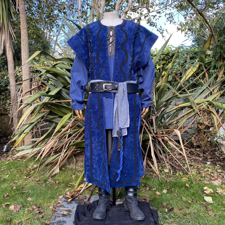 Storm Mage LARP Outfit - 3 Pieces; Blue Suede Effect Waistcoat, Two Tone Shirt, Sash - Chows Emporium Ltd