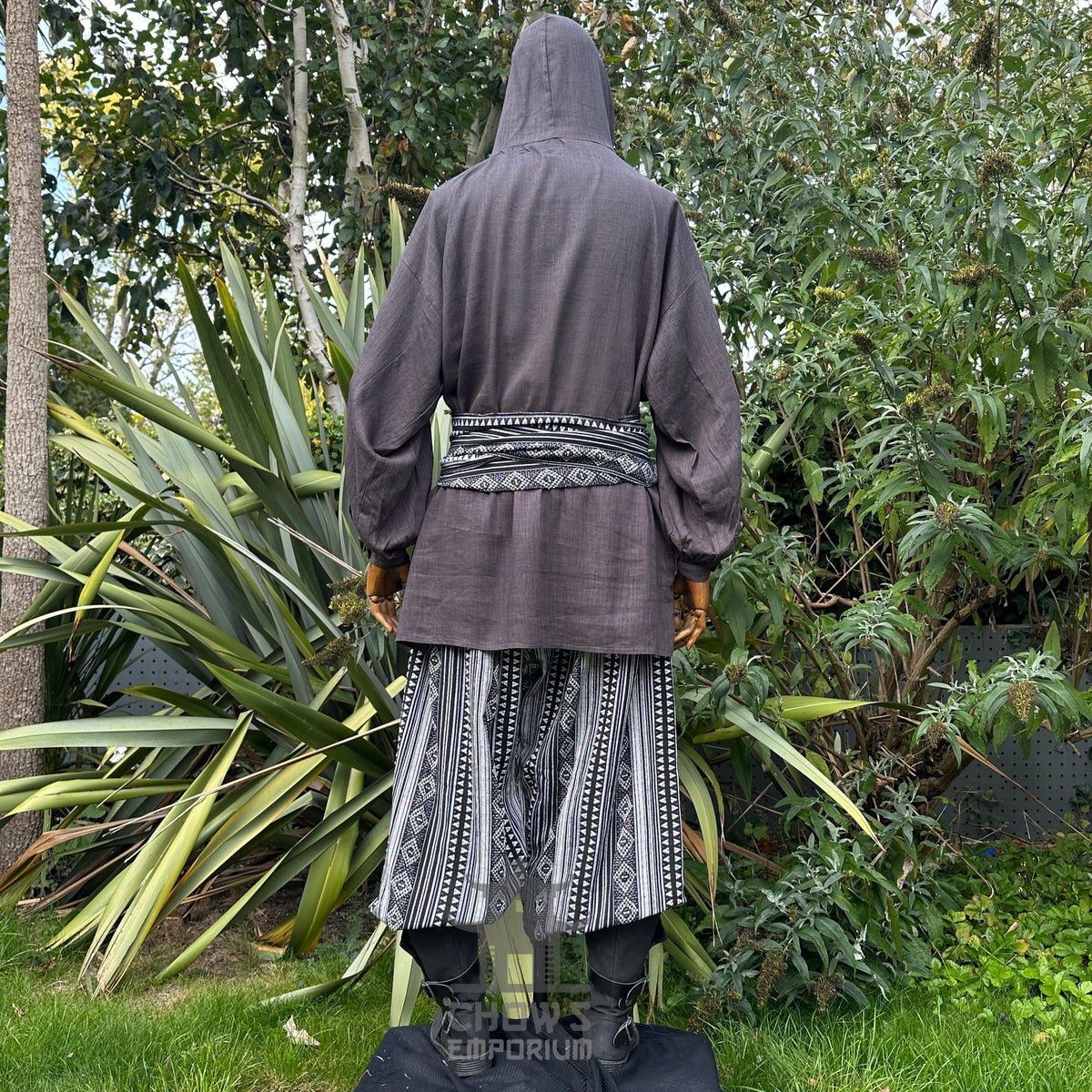 Medieval grey cotton-linen hooded shirt from the back.