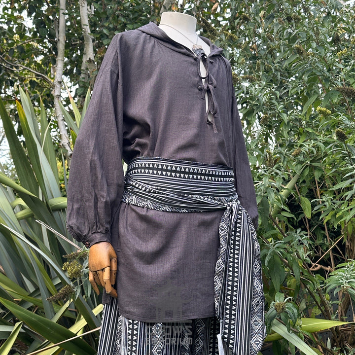 Hooded Medieval Shirt in Grey Cotton & Linen