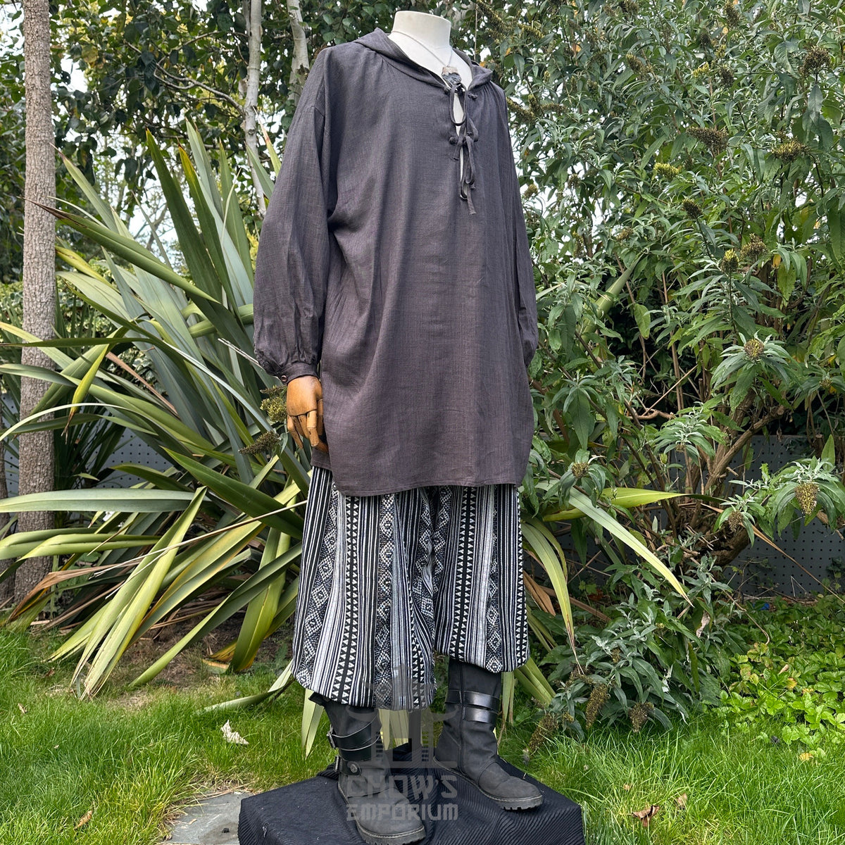 Hooded medieval shirt in grey cotton-linen, front view for LARP events.