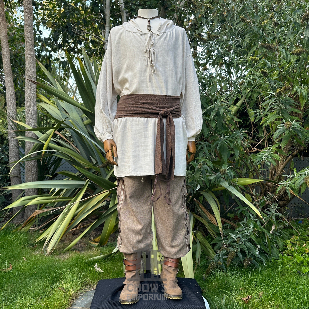 Medieval LARP outfit front view, featuring a hooded shirt, trousers, and sash.
