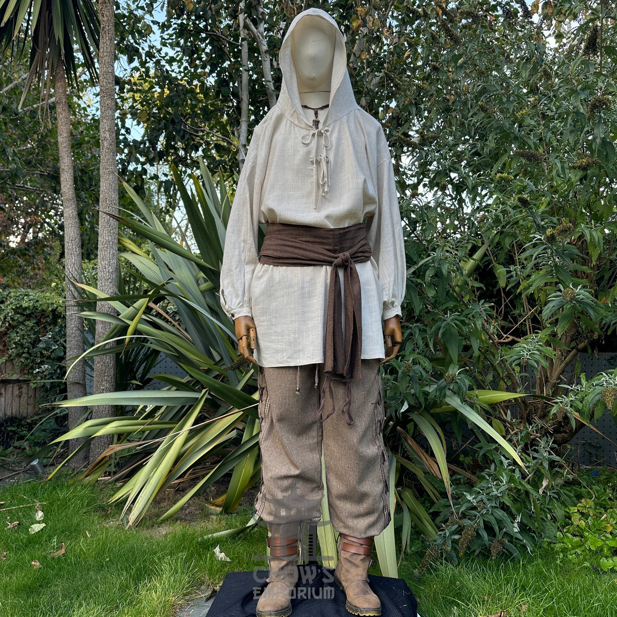 Natural LARP outfit: hooded shirt, pants, sash, frontal view, medieval style.