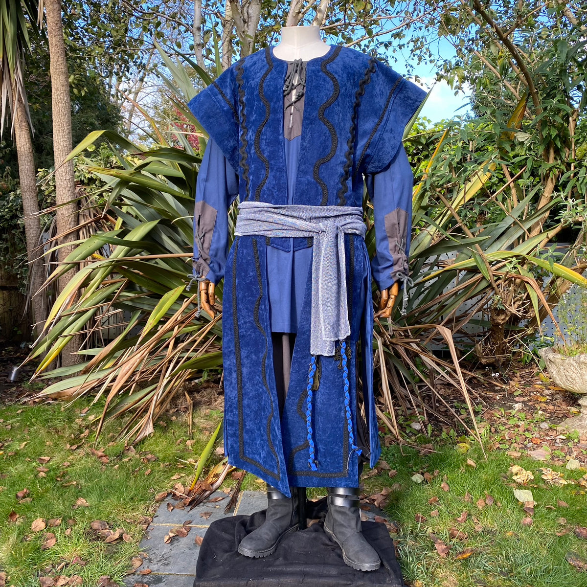 Blue Storm Mage LARP set, waistcoat, tunic, ornate hood, and sash.