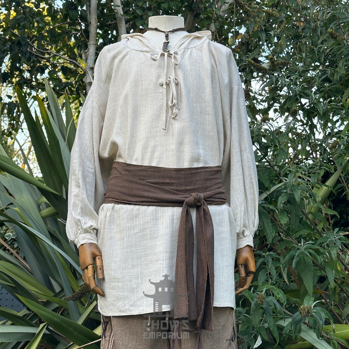 Natural LARP outfit with hooded shirt, pants, and brown sash, front view.