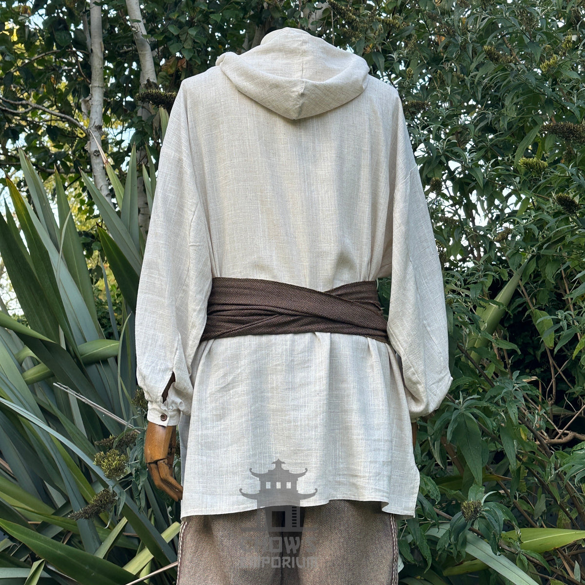 Natural LARP hooded shirt, brown sash from the back, medieval style.