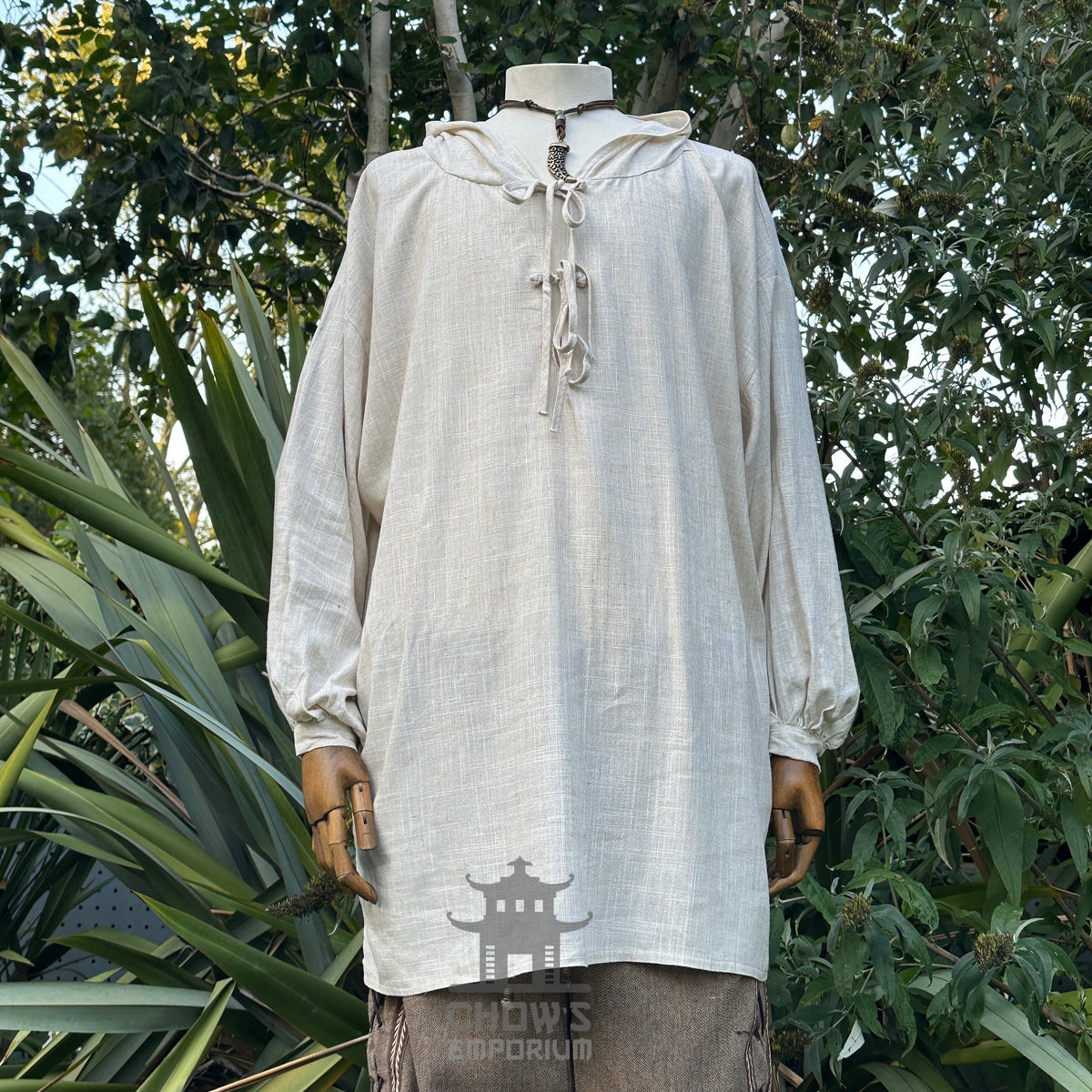 Natural hooded medieval LARP shirt, linen texture, front view.