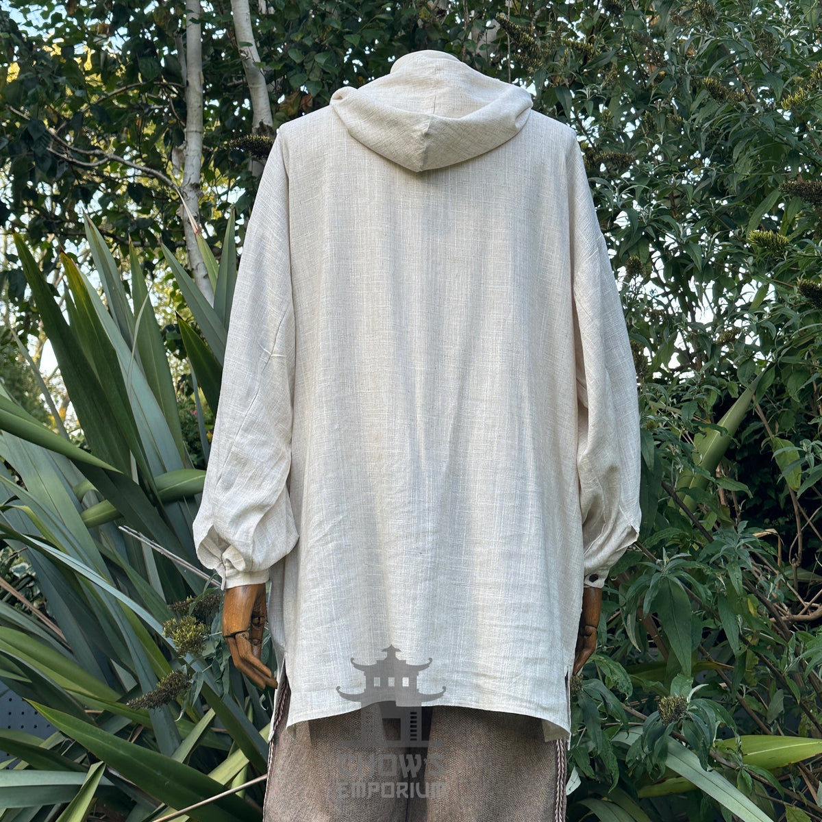 Natural linen hooded shirt back view for LARP.