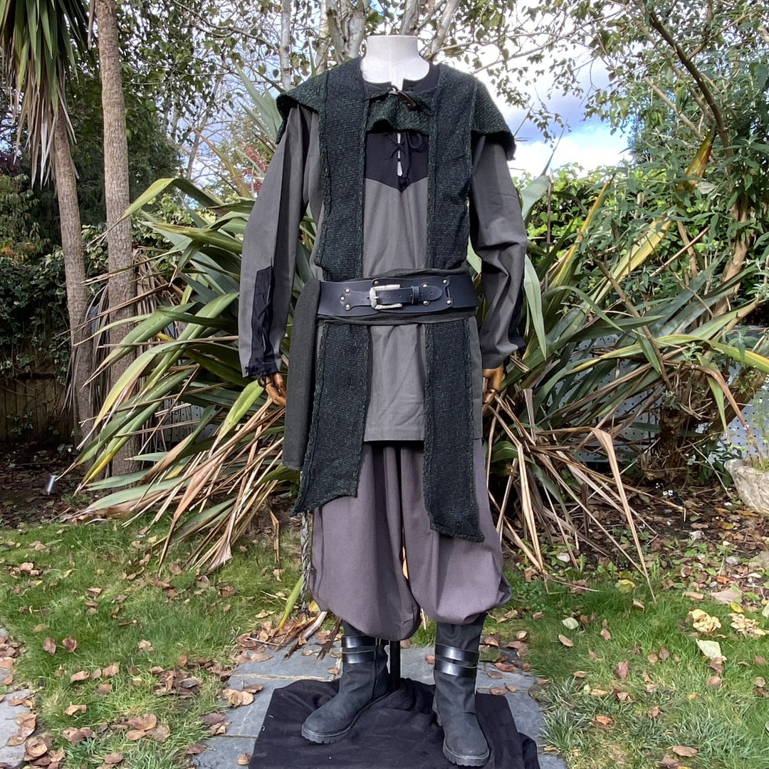 LARP Basic Outfit, 4 Pieces, Shirt, Hood, Pants and Sash, Green & Black, for Cosplay, Renaissance Faire, Vikings, Medieval History Costumes - Chows Emporium Ltd