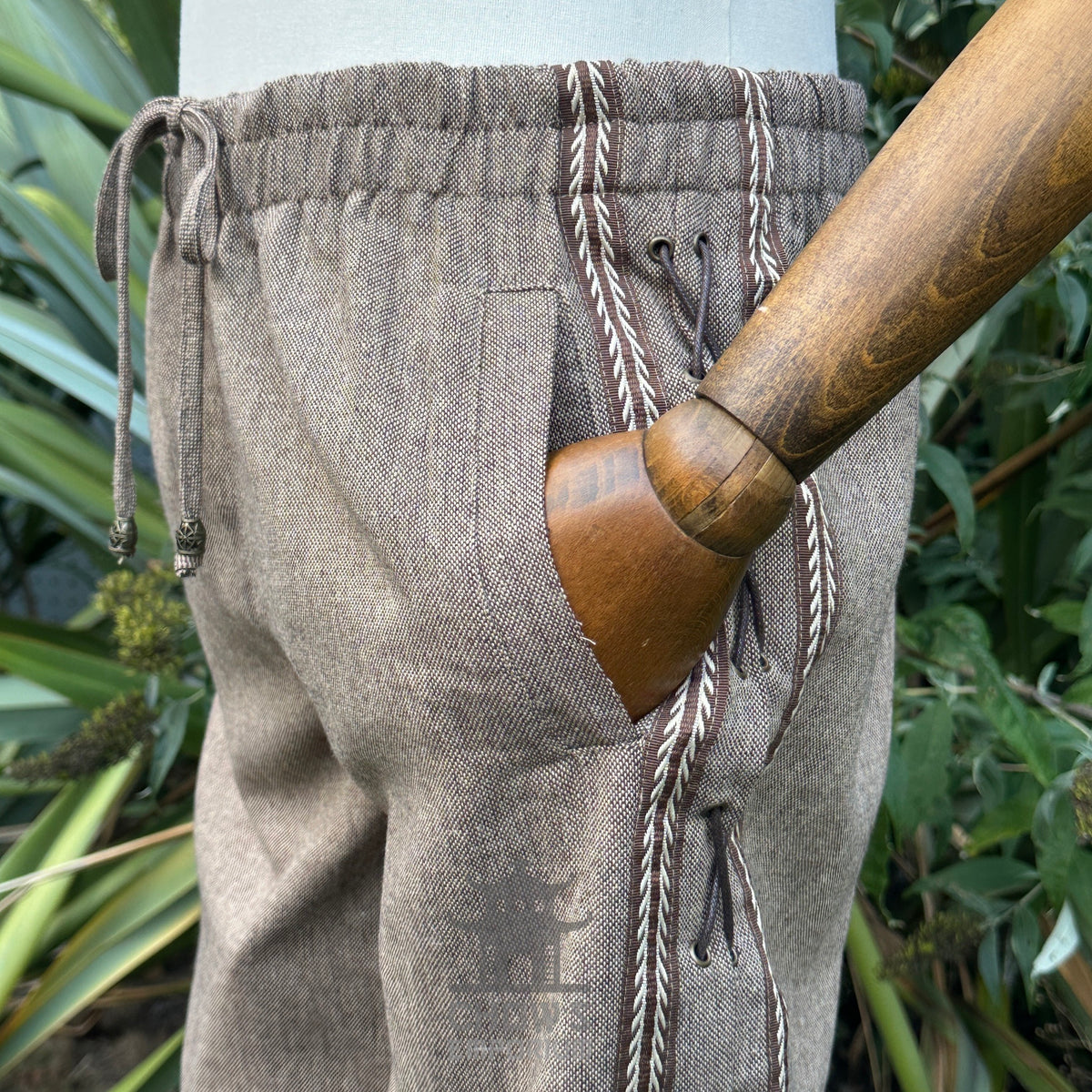 medieval wool pants styled for LARP with lace side pocket detail.