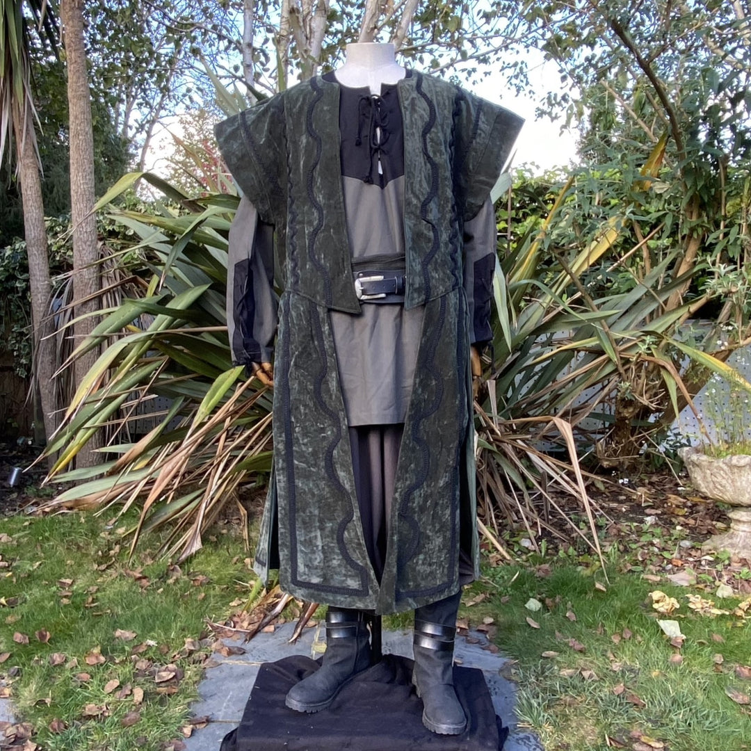 Forest Guardian LARP Outfit - 5 Pieces; Green Panel Waistcoat, Black Hood, Shirt, Pants, Sash - Chows Emporium Ltd