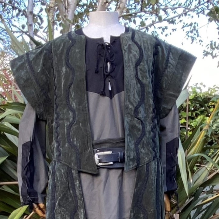 LARP Panelled Waistcoat - Green - Suede Effect Fabric with Ornate Braiding - Chows Emporium Ltd