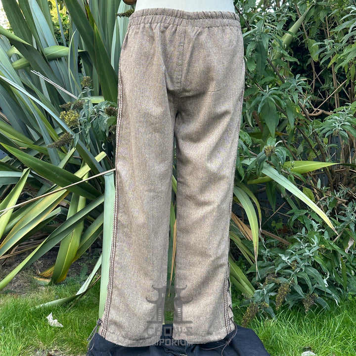 brown wool medieval pants with side lace and braiding back